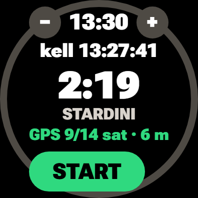 Kellaekraan enne starti: stardiaeg 13:30, 2:19 stardini, GPS 9/14 satelliiti, START-nupp